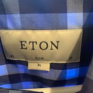 17” slim fit Eton designer shirt with long sleeves and blue plaid.